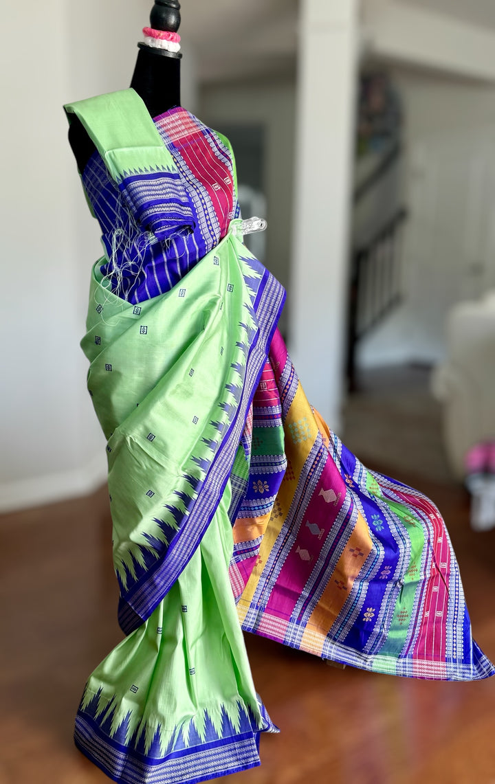 Light Green Berhampuri double pallu pure silk saree from Odisha weaves