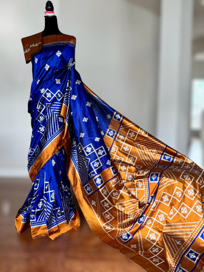 Blue with orange color handwoven ikat pure silk saree|Odisha Weaves|Contemporary Ikat|Antara