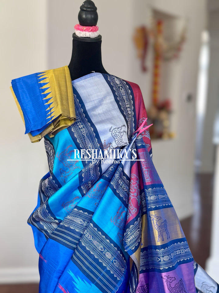 Blue Berhampuri Pure Silk Saree with multi color animal motif Double pallu