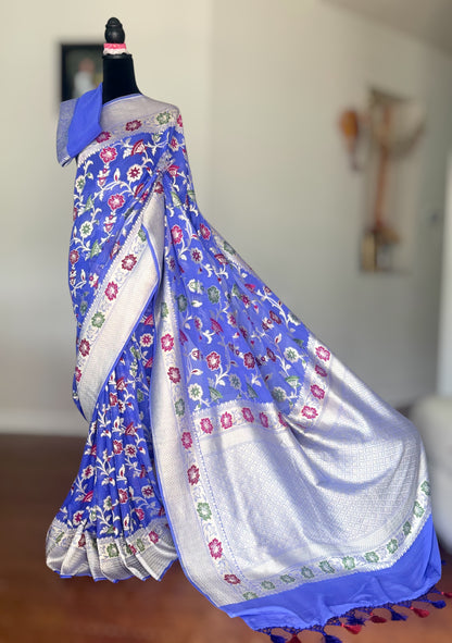 Light lavender-ish blue Banarasi hand woven pure khaddi georgette saree with Tilfi meenakari