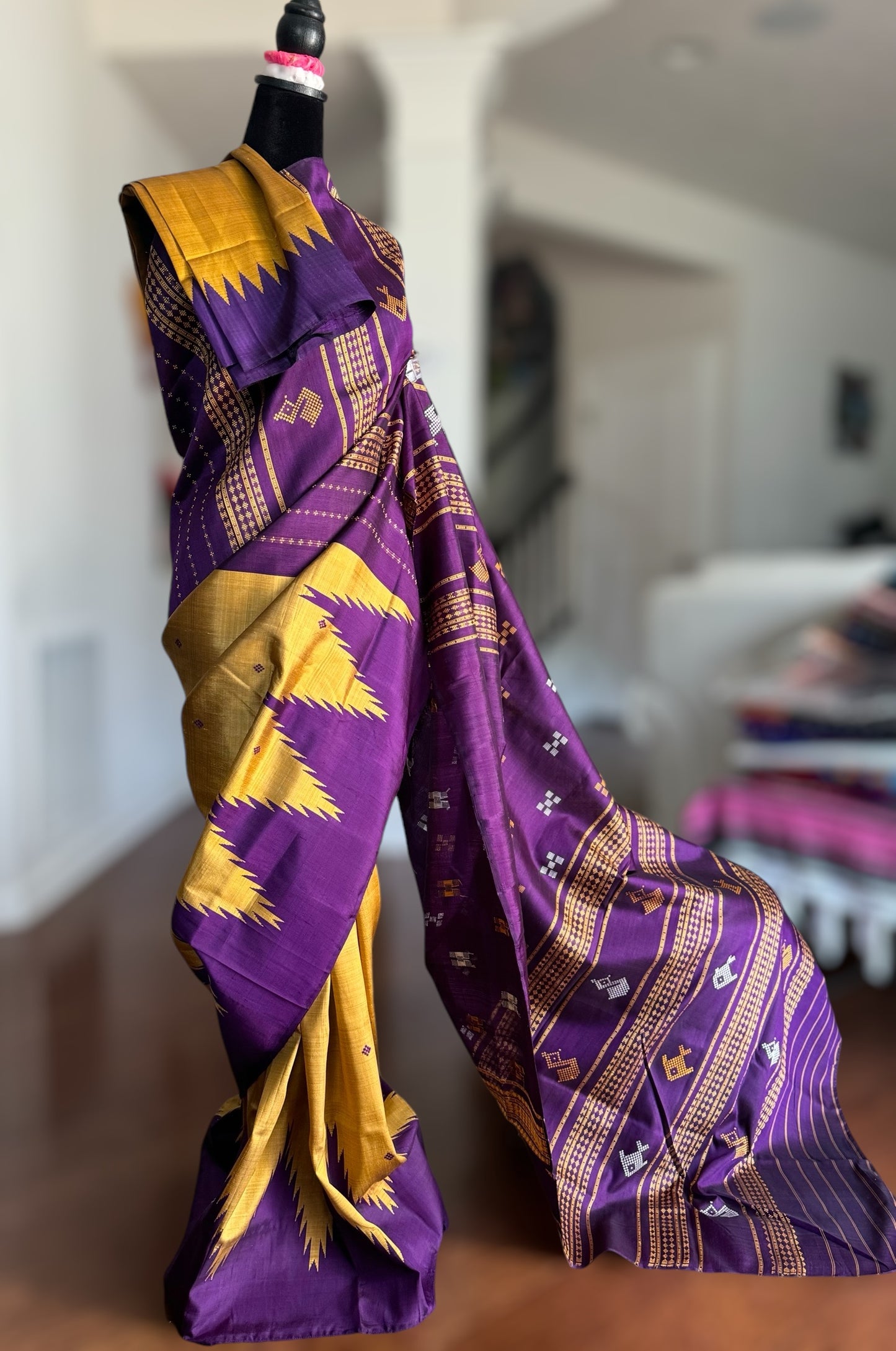 Mustard with purple combination Berhampuri Double Pallu pure silk saree