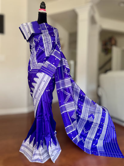 Indigo color traditional weaving Berhampuri Pure Silk Saree with Double pallu