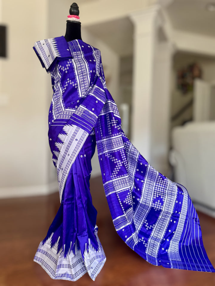 Indigo color traditional weaving Berhampuri Pure Silk Saree with Double pallu