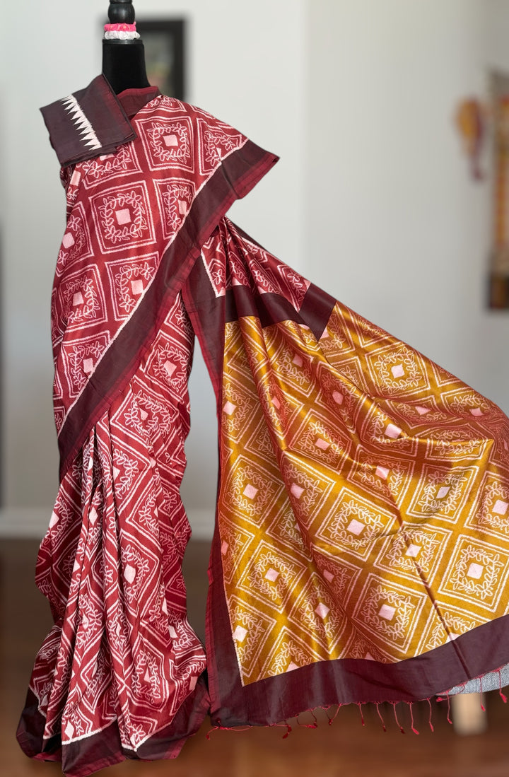 High quality contemporary Ikat Pure silk saree in light rust red