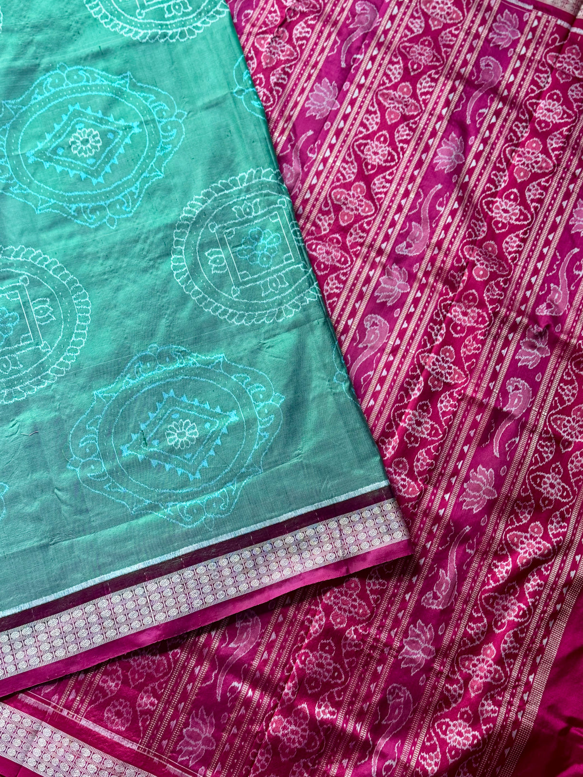 Handwoven Sage green and Pink yantra theme Sambalpuri ikat pure silk saree|Odisha Weaves|
