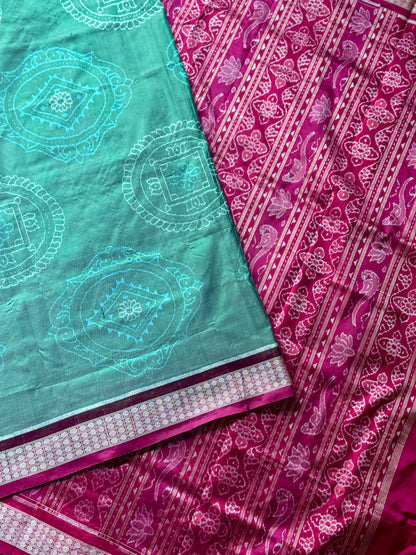 Handwoven Sage green and Pink yantra theme Sambalpuri ikat pure silk saree|Odisha Weaves|