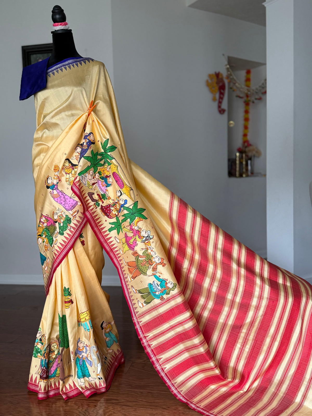Warm pale yellow Odia Vivaha Pattachitra Berhampuri Pure Silk Saree – Ganga Jamuna Border