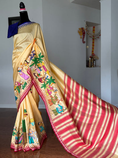 Warm pale yellow Odia Vivaha Pattachitra Berhampuri Pure Silk Saree – Ganga Jamuna Border