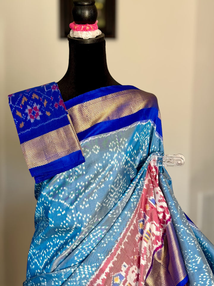 Ice blue Pochampally ikat pure silk saree