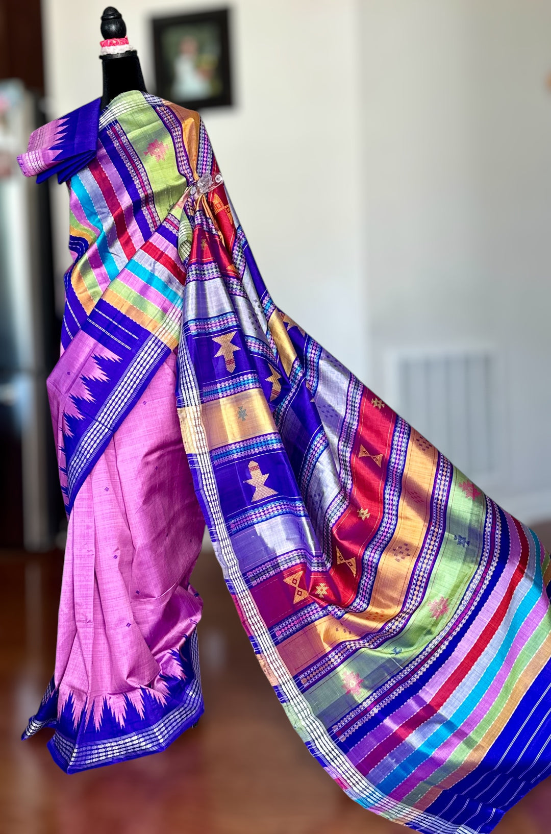 Lavender Pink with blue combination Berhampuri Double pallu pure silk saree