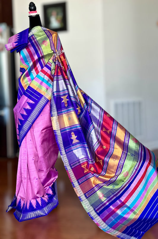 Lavender Pink with blue combination Berhampuri Double pallu pure silk saree