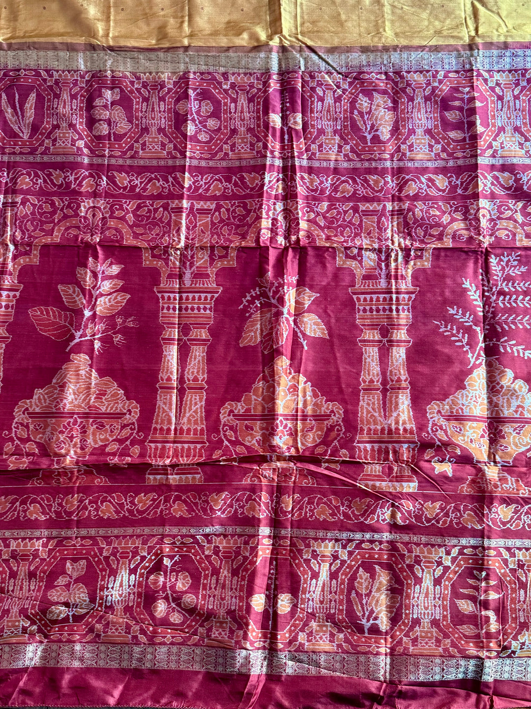 Pale Mustard Yellow Sambalpuri Ikat Pure Silk Saree with “Triphala” Ikat Pallu and Maroon Border |Odisha Weaves