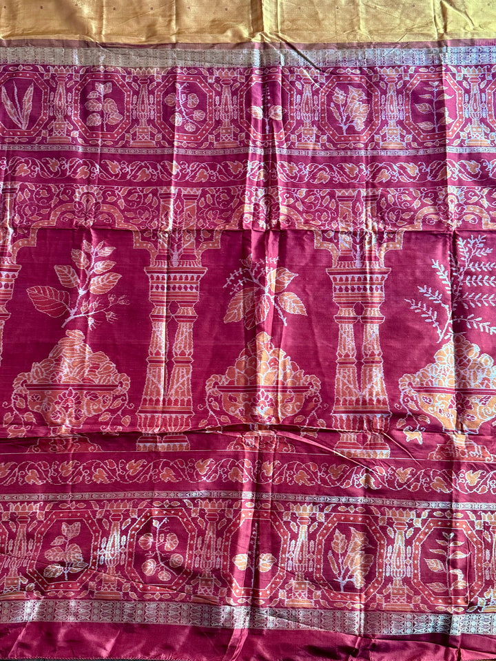 Pale Mustard Yellow Sambalpuri Ikat Pure Silk Saree with “Triphala” Ikat Pallu and Maroon Border |Odisha Weaves