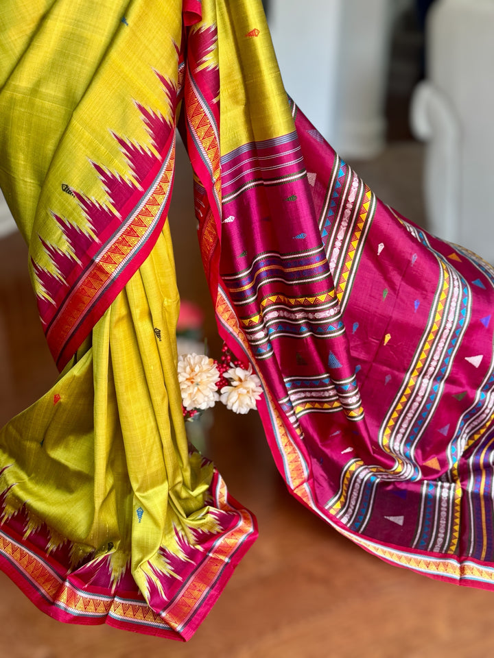Light green and magenta pink combination Dongria double pallu contemporary ikat pure silk saree
