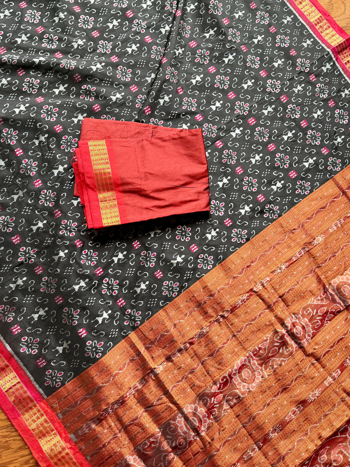 Black and rust red handwoven Sambalpuri pure Ikkat silk saree with tissue border and pallu | Odisha Weaves