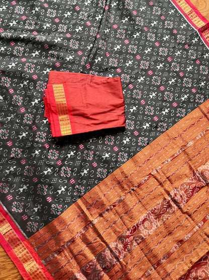 Black and rust red handwoven Sambalpuri pure Ikkat silk saree with tissue border and pallu | Odisha Weaves
