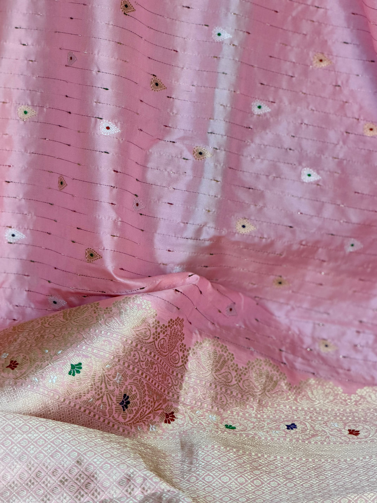 Luxurious Light Peach handwoven pure silk saree with Kadhwa, meenakari work