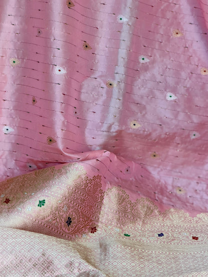 Luxurious Light Peach handwoven pure silk saree with Kadhwa, meenakari work