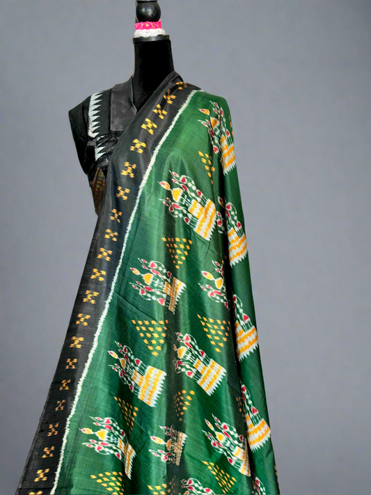 Dark Green Tribal Dance theme Contemporary Ikat Pure Silk Saree|Odisha Weaves