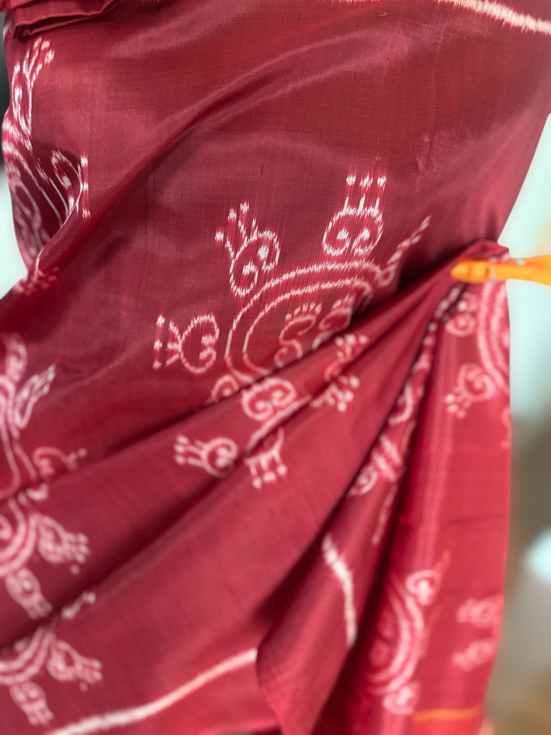 Fainted Maroon color Laxmi Pada contemporary ikat pure silk saree| Odisha Weaves