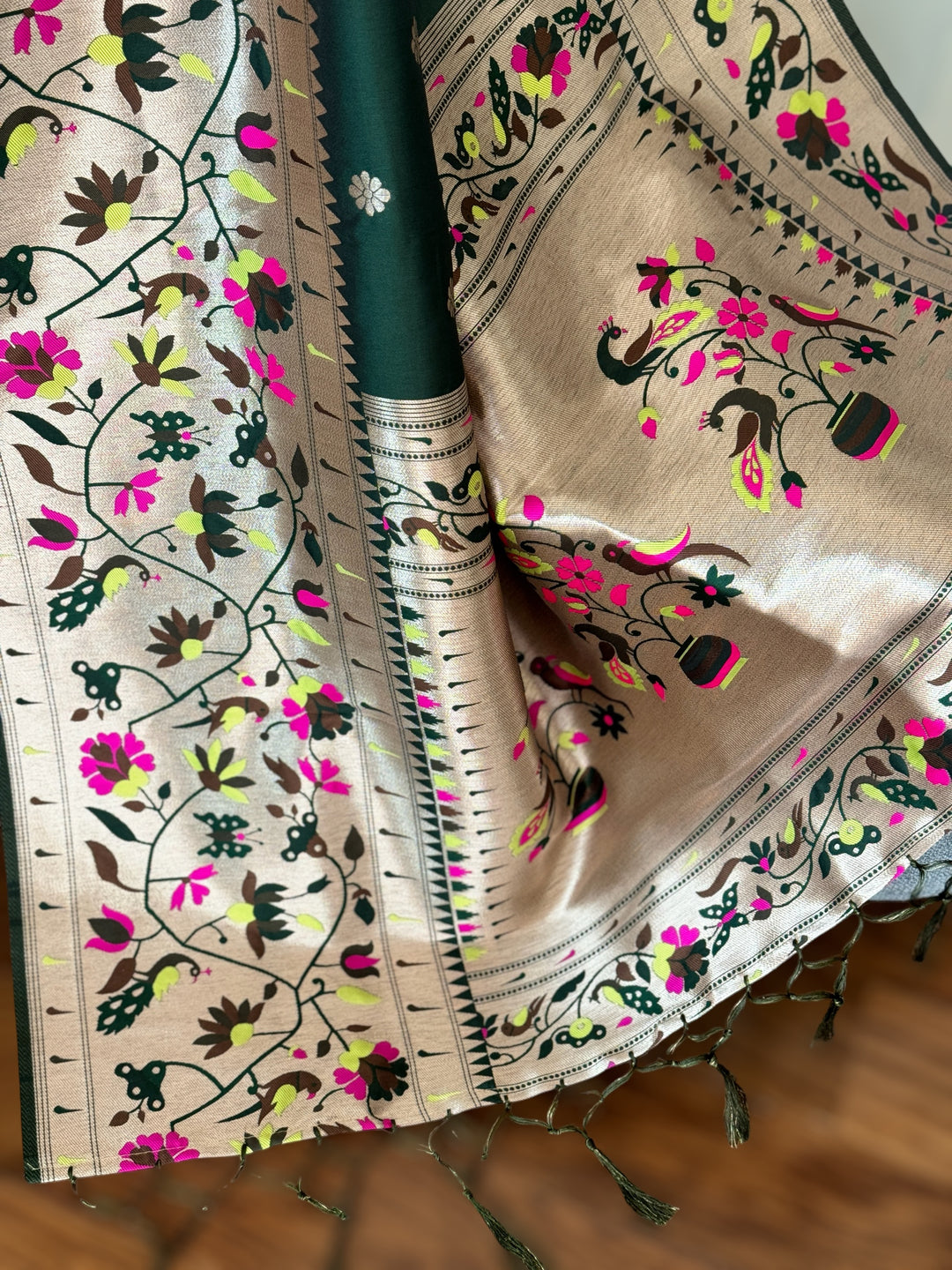Paithani inspired weaved artificial silk saree with stitched blouse in bottle green color| Value Vogue