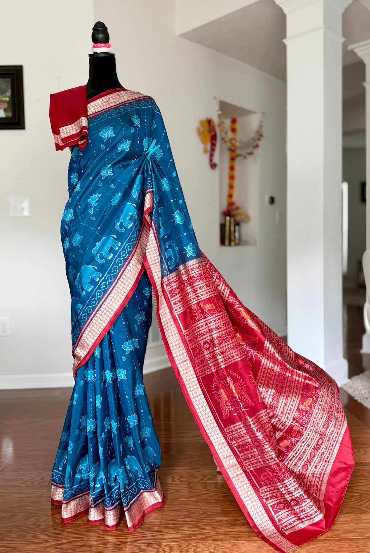 Teal blue and maroon handwoven Sambalpuri thousand motif pure Ikkat silk saree | Odisha Weaves