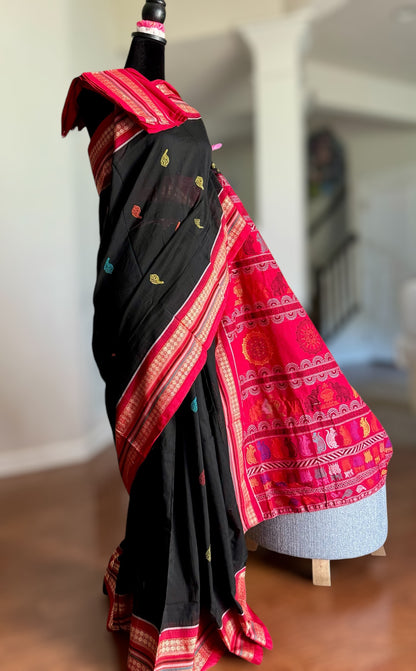 Handwoven Bomkai cotton saree in black red combinations