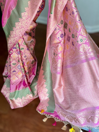 Luxurious Pink Banarasi pure katan silk saree with multicolor thread kadhwa meenakari weaving