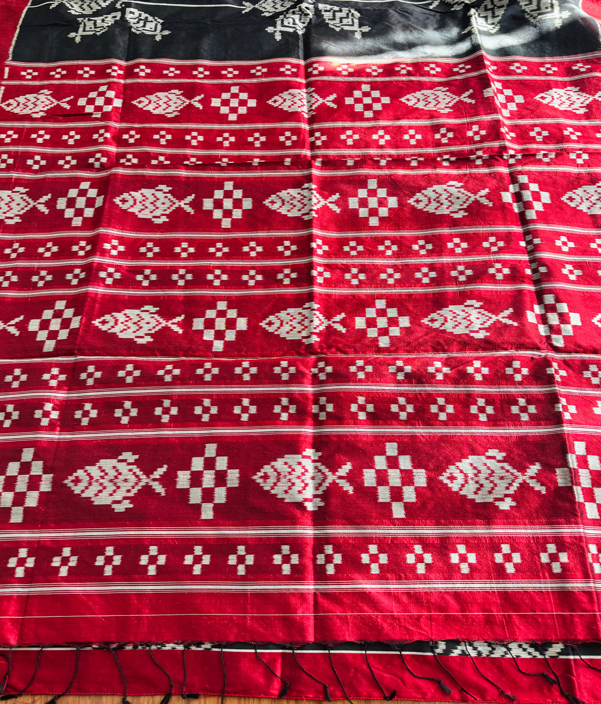 Black color fish motif handwoven ikat pure silk saree|Odisha Weaves|Contemporary Ikat|Antara