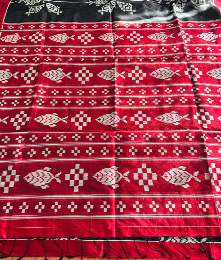 Black color fish motif handwoven ikat pure silk saree|Odisha Weaves|Contemporary Ikat|