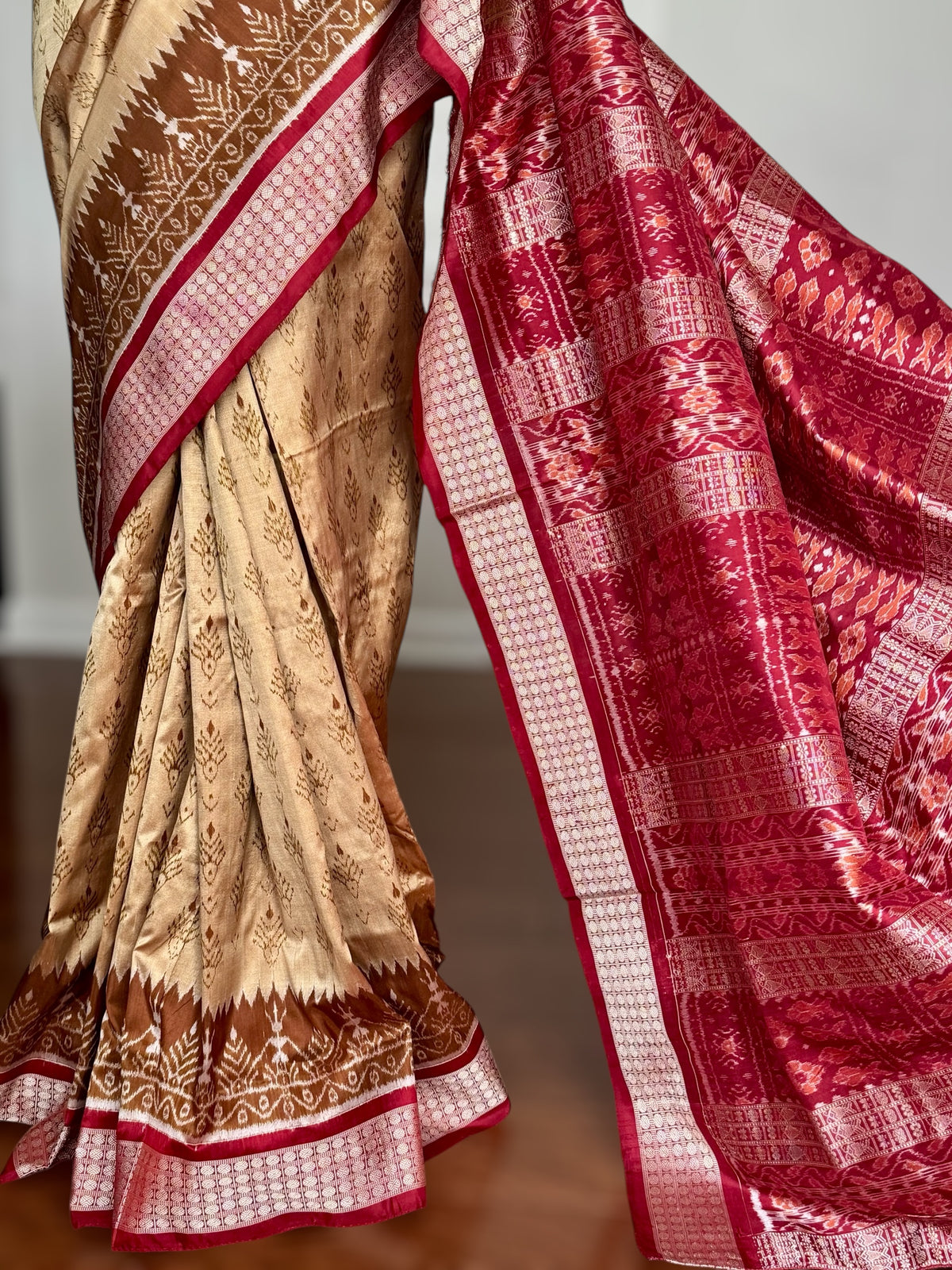 Golden baige and maroon-ish red handwoven Sambalpuri pure Ikkat silk saree | Odisha Weaves