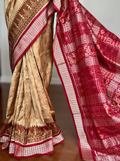 Golden baige and maroon-ish red handwoven Sambalpuri pure Ikkat silk saree | Odisha Weaves