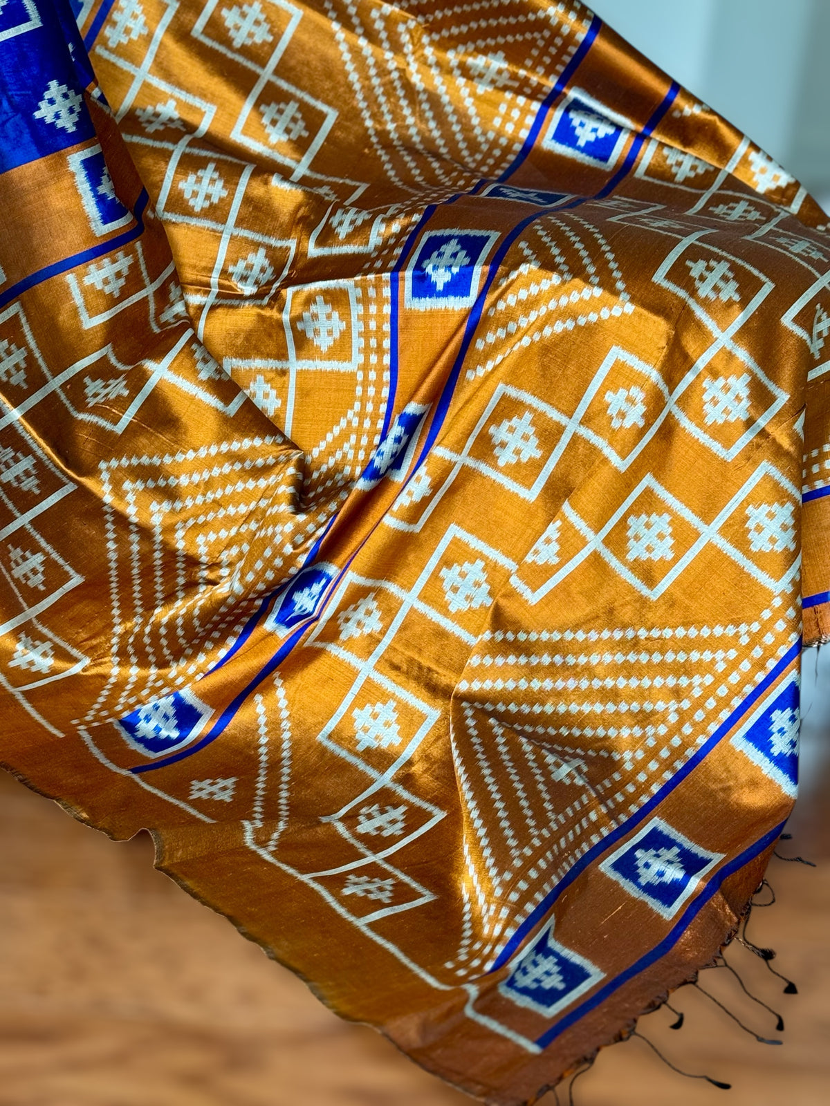 Blue with orange color handwoven ikat pure silk saree|Odisha Weaves|Contemporary Ikat|Antara