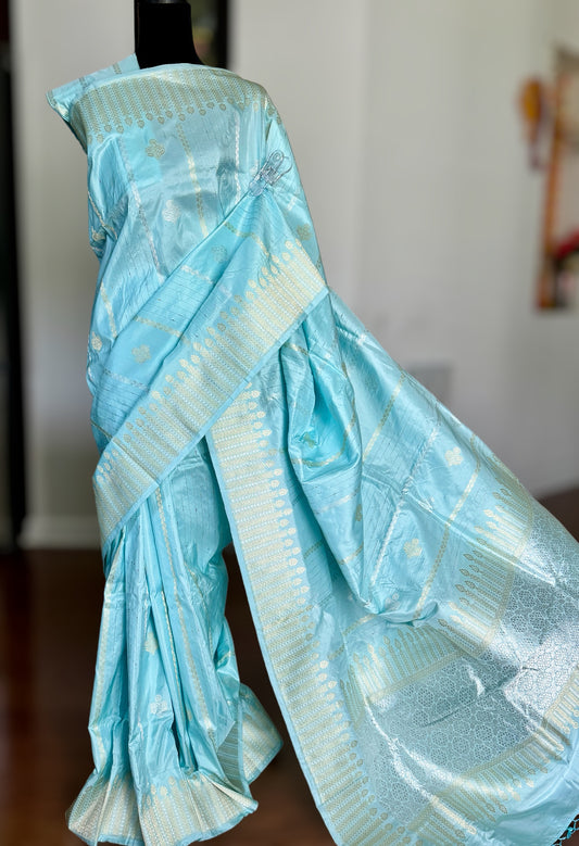 Icy Blue color Banarasi pure katan silk saree with kadhua work along with artistic meenakari bundis