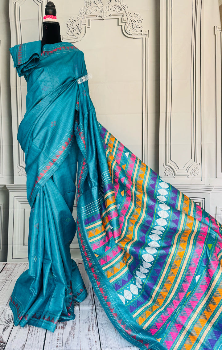 Teal Blue Gopalpur handwoven pure Tussar silk saree with Dongria pallu|Odisha weaves