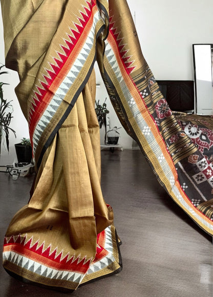 Ikat Khandua Pure Silk Saree from Odisha weaves in a sandy brown color