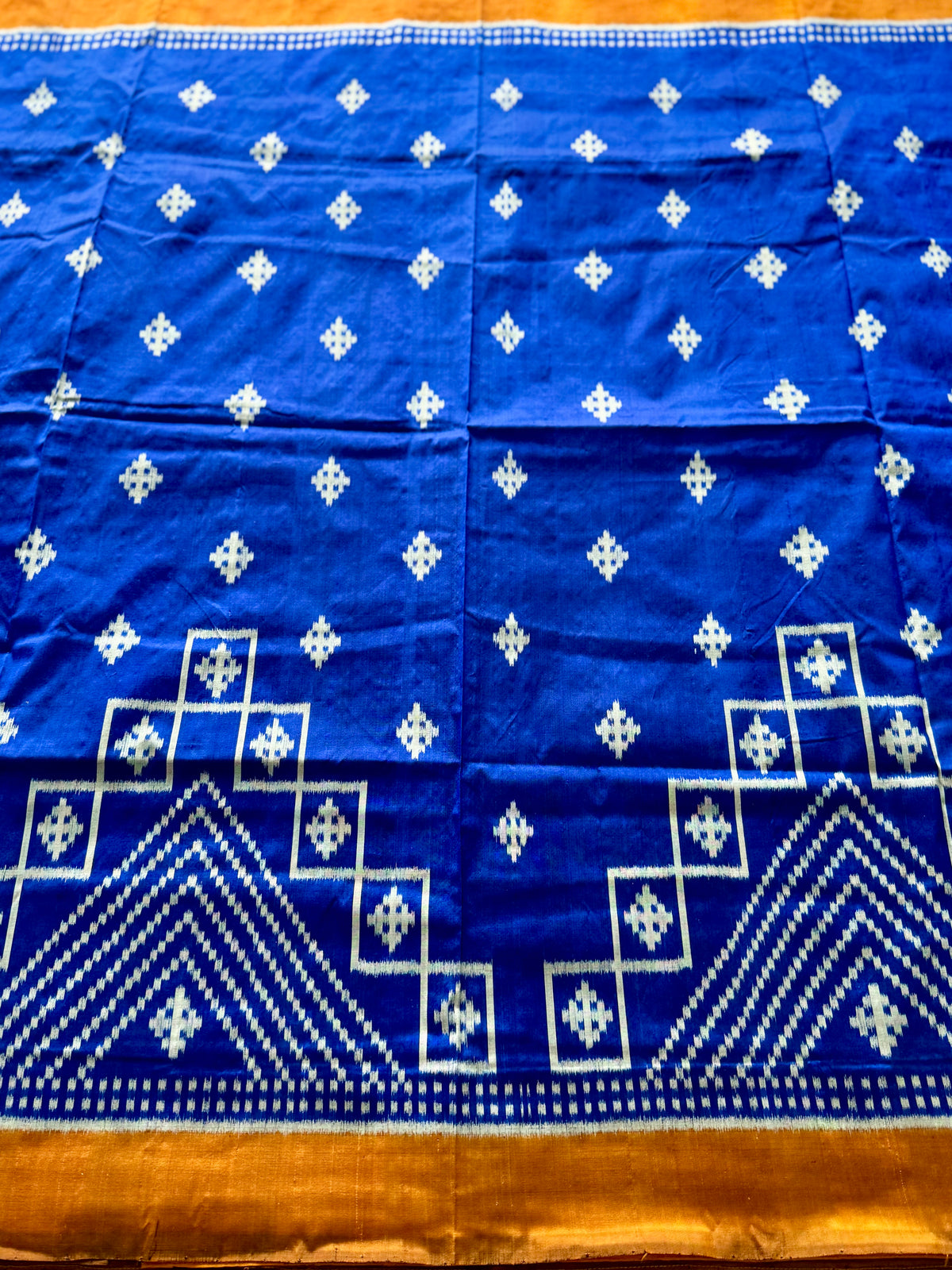 Blue with orange color handwoven ikat pure silk saree|Odisha Weaves|Contemporary Ikat|Antara