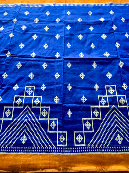 Blue with orange color handwoven ikat pure silk saree|Odisha Weaves|Contemporary Ikat|Antara
