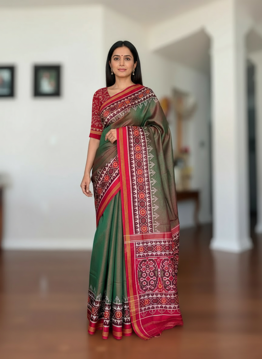 Shot Green with Red color combo Single ikat patan Patola pure silk saree