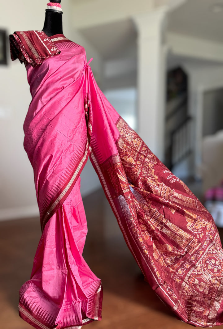 Pink Sambalpuri Ikat Pure Silk Saree with “Triphala” Ikat Pallu and Maroon Border |Odisha Weaves