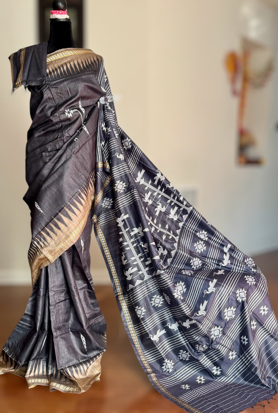 Ganjam Bomkai inspired handwoven pure Tussar silk saree in Black color