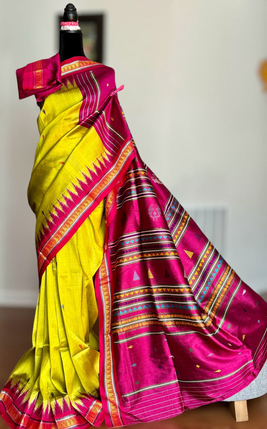 Light green and magenta pink combination Dongria double pallu contemporary ikat pure silk saree