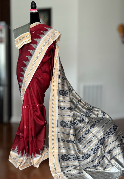 Maroon with cream combination khandua ikat pure silk saree from Odisha Weaves