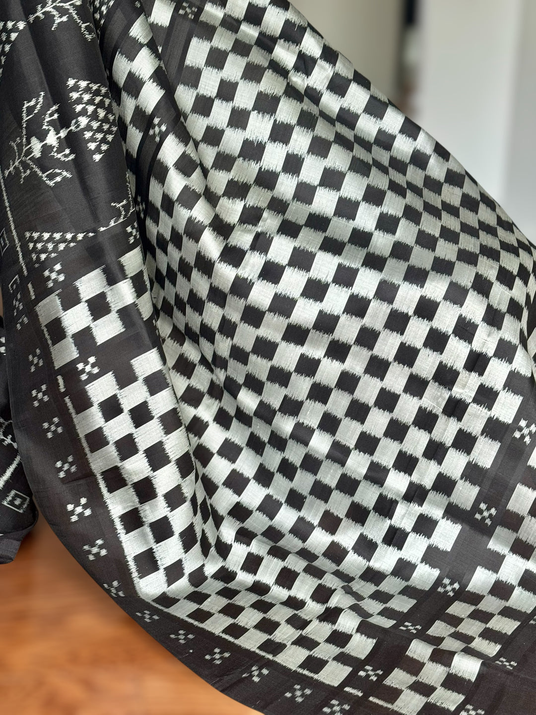 Handwoven Black contemporary ikat Silk Saree from Odisha|Mishrita