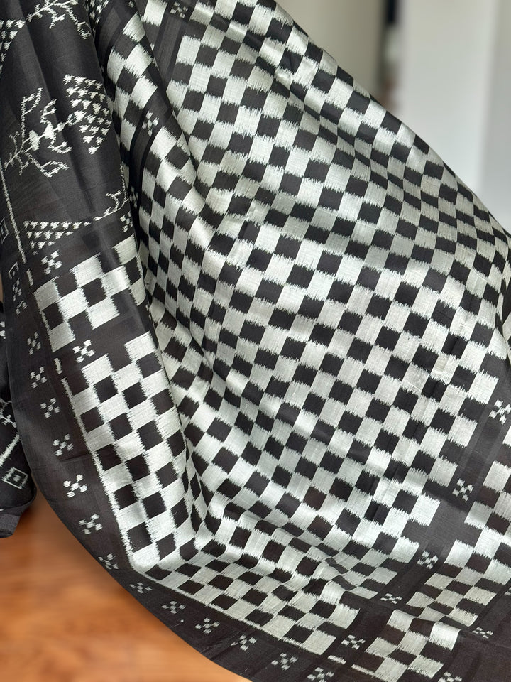 Handwoven Black contemporary ikat Silk Saree from Odisha|Mishrita