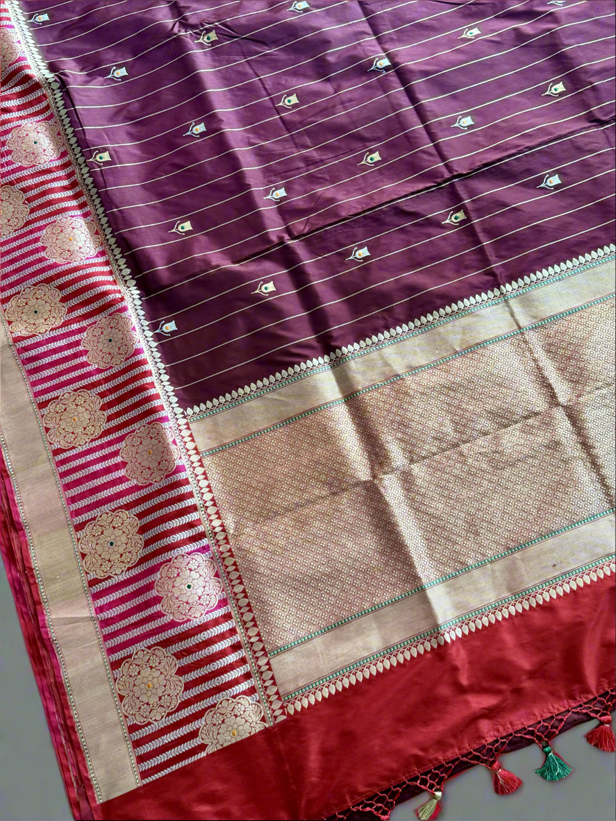 Maroon Luxurious Banarasi pure Katan Silk Saree with Rangkat Border