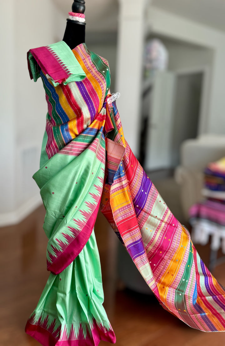 Aqua color Berhampuri Pure Silk Saree with Colorful double pallu