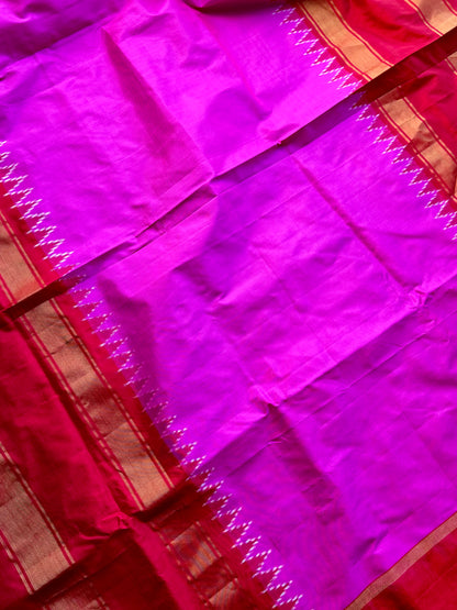 Bright Magenta-pink with Red Pochampally ikat pure silk saree with Patola pallu and Kanchi-Style Zari Border