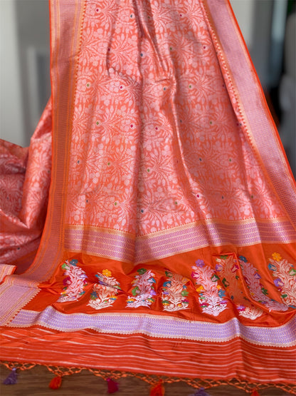 Orange Banarasi handwoven brocade pure silk with Tanchoi meenakari kadhuwa weave saree