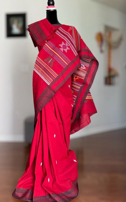 Maroon-ish Red Original Ganjam Bomkai Cotton Saree from Odisha Weaves